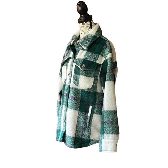 Avec Les Filles sz M green white plaid button up long sleeve Shacket Shirt - Picture 3 of 10